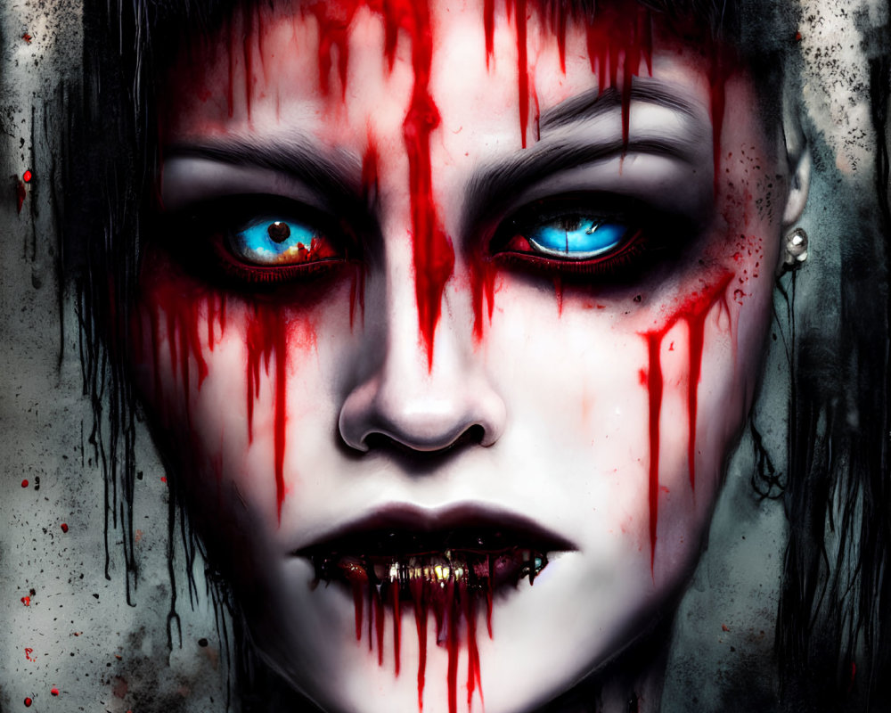 Digital portrait with intense blue eyes, black lips, and red streams.