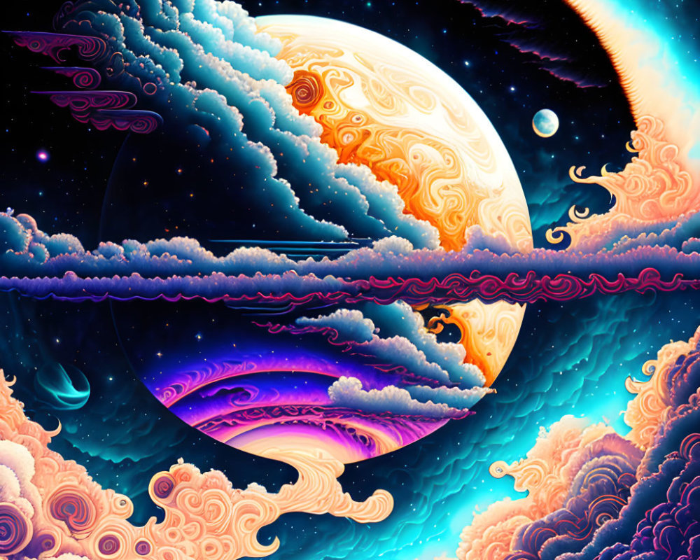 Colorful digital artwork: Swirling clouds and celestial bodies in surreal space.