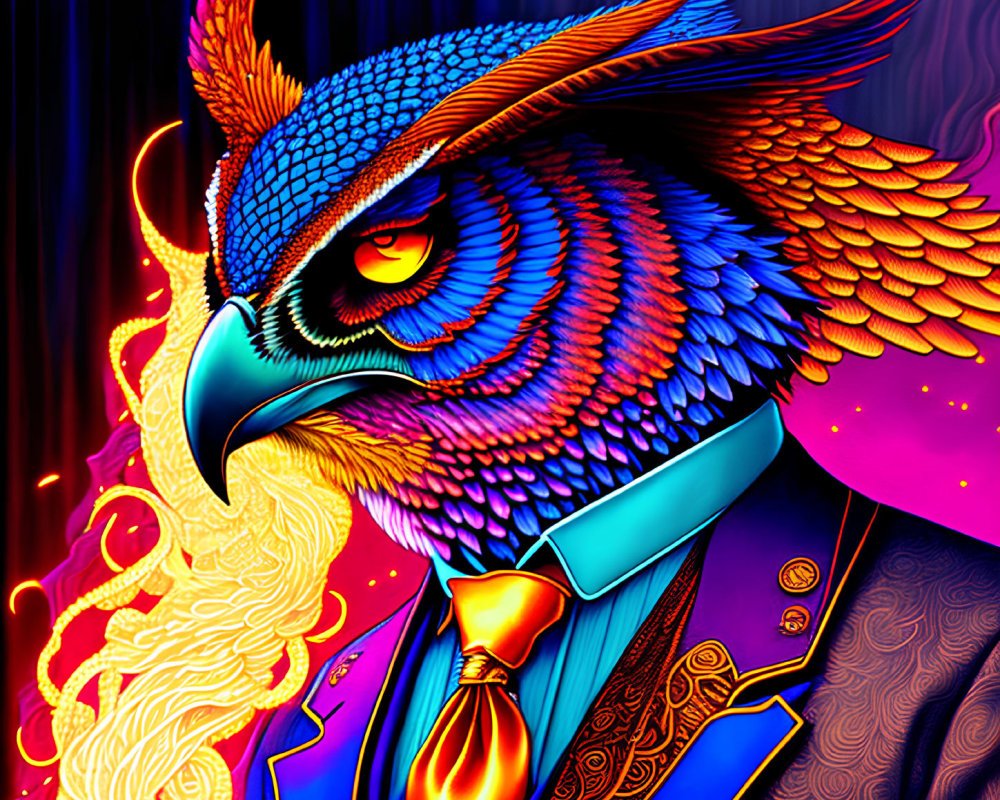 Colorful anthropomorphic owl in suit and tie with intricate plumage.