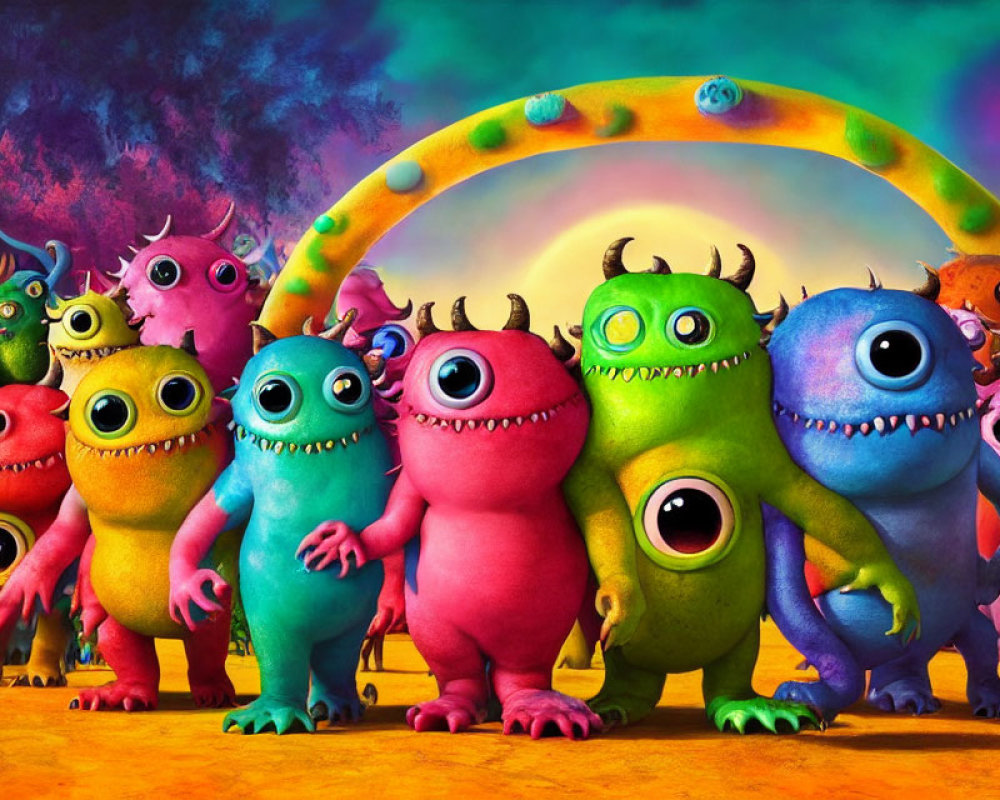 Vibrant cartoon monsters with rainbow backdrop