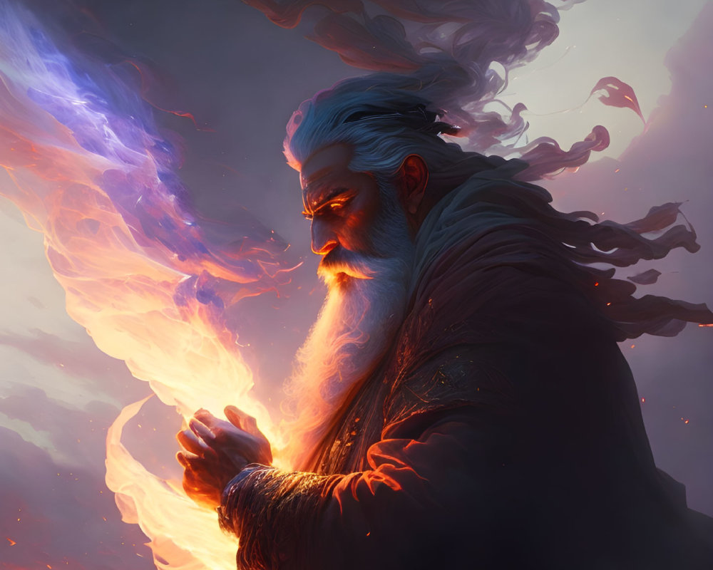 Elderly wizard conjures flame with mystical smoke in sunset sky