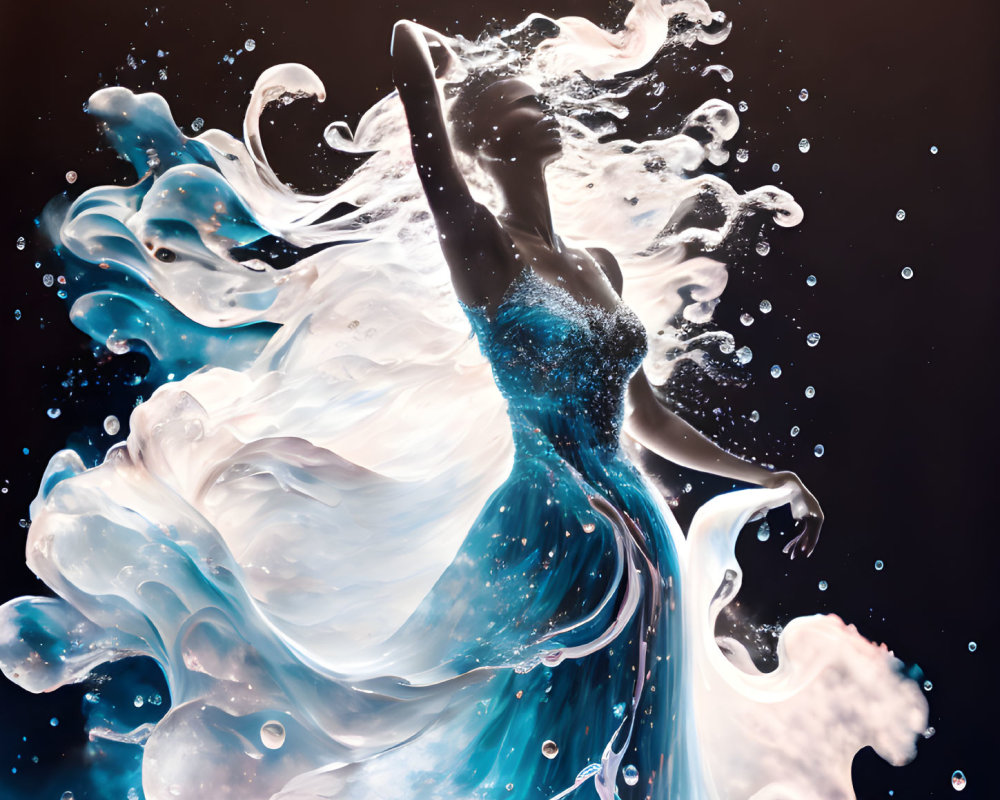 Silhouette of woman in flowing dress with water splashes on dark background