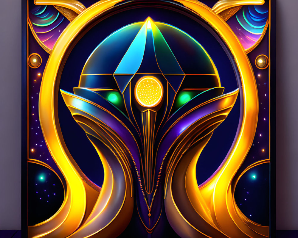 Symmetrical abstract digital art with gem centerpiece and golden curves