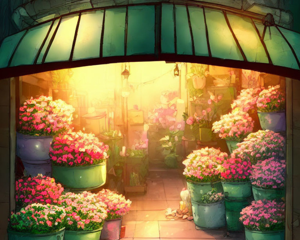 Flower Shop Entrance with Blooming Pink Flowers in Golden Sunlight