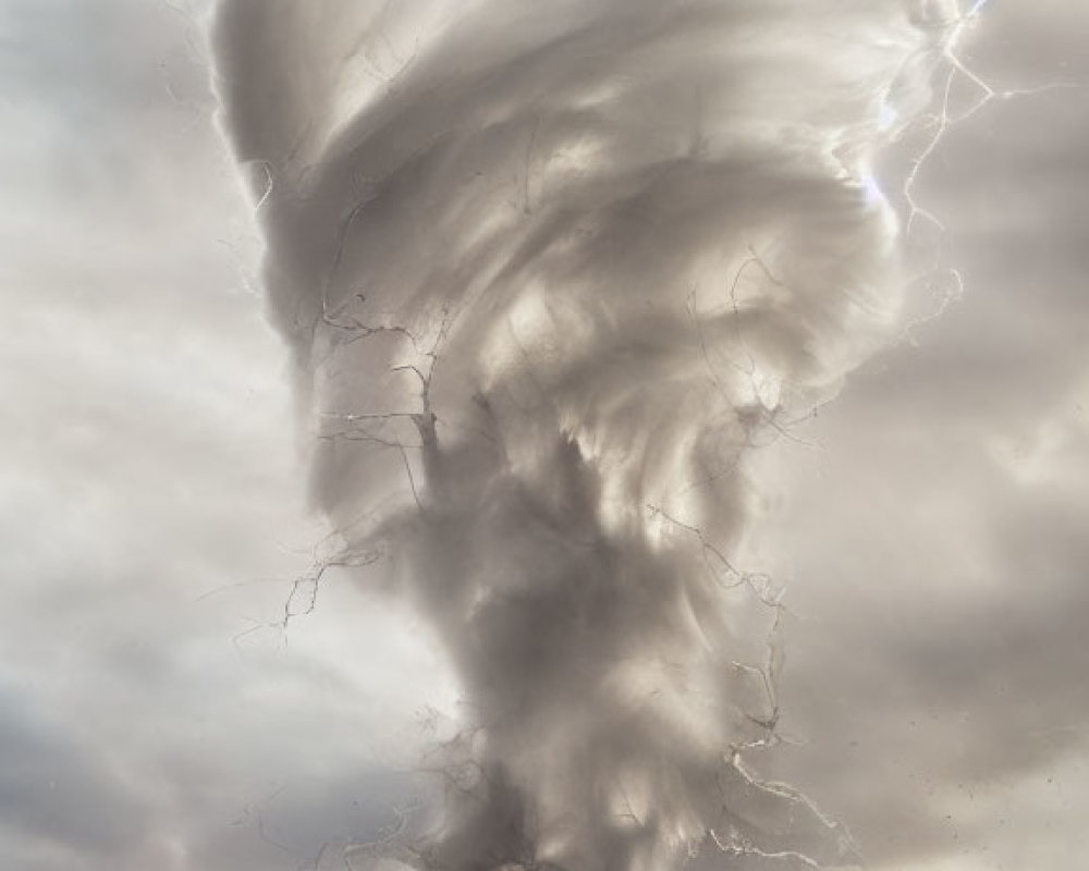 Destructive tornado with lightning strikes over cityscape