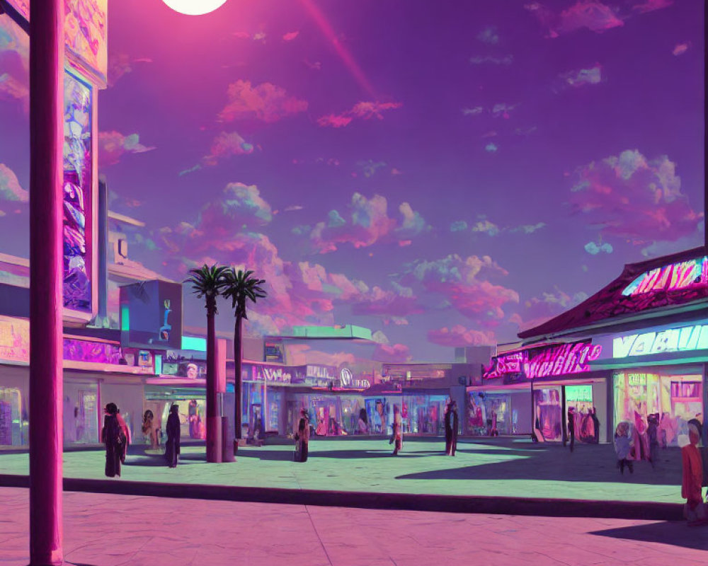 Vibrant surreal cityscape with neon signs, people, and palm trees under pink-purple sky