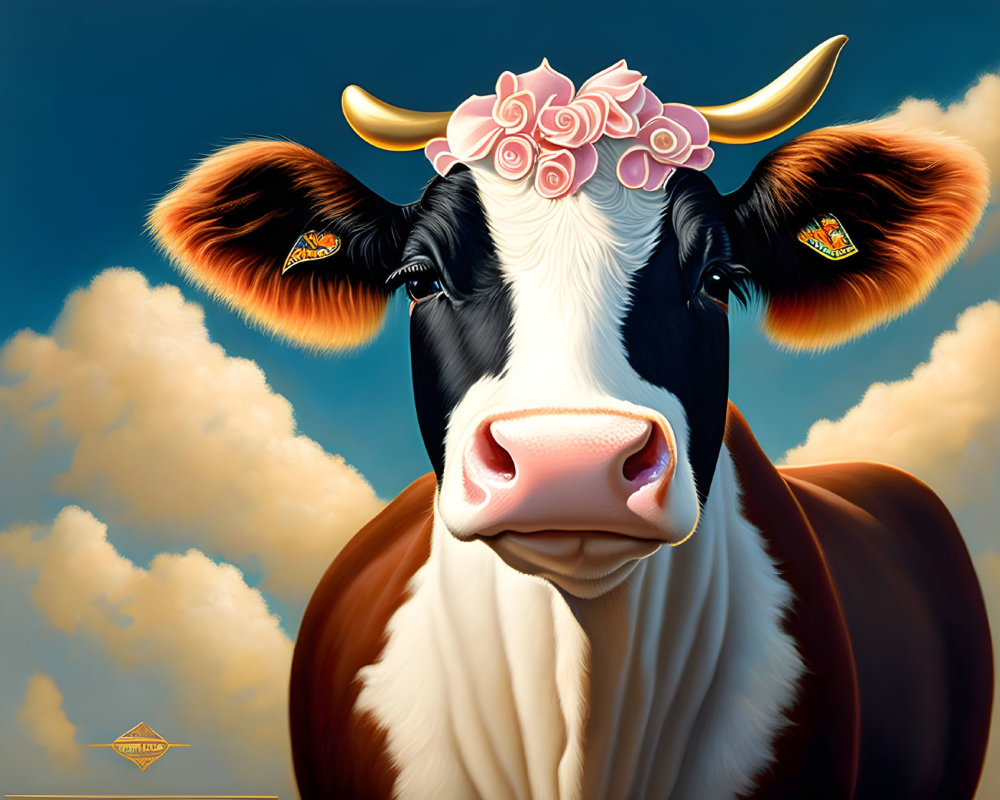 Whimsical cow painting with floral crown and golden horns