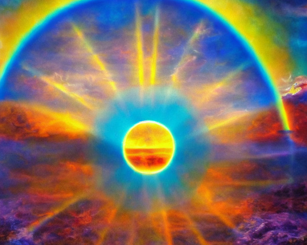 Circular rainbow and radiant sun in colorful sky