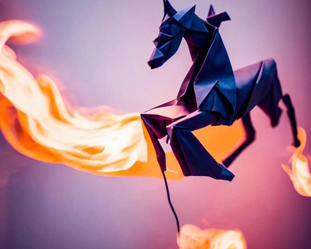 Flaming background enhances origami horse's fiery appearance