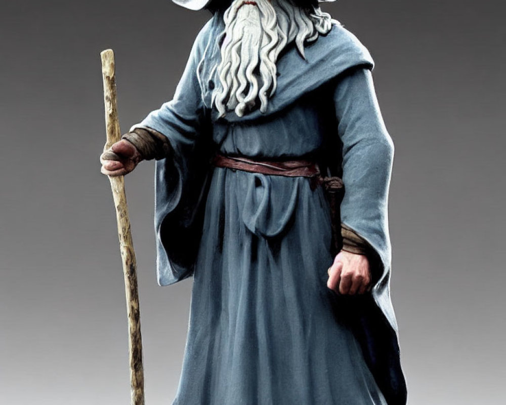 Wizard in Blue Cloak with Long White Beard and Wooden Staff