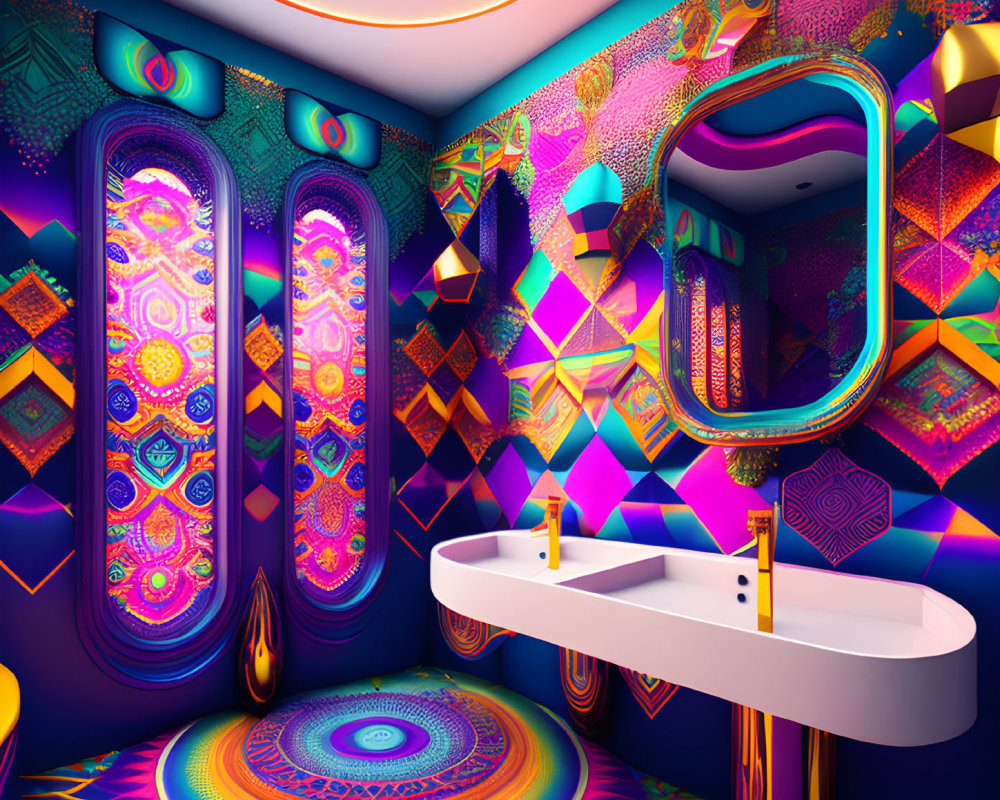 Colorful Psychedelic Bathroom with Neon Decor and Modern Fixtures