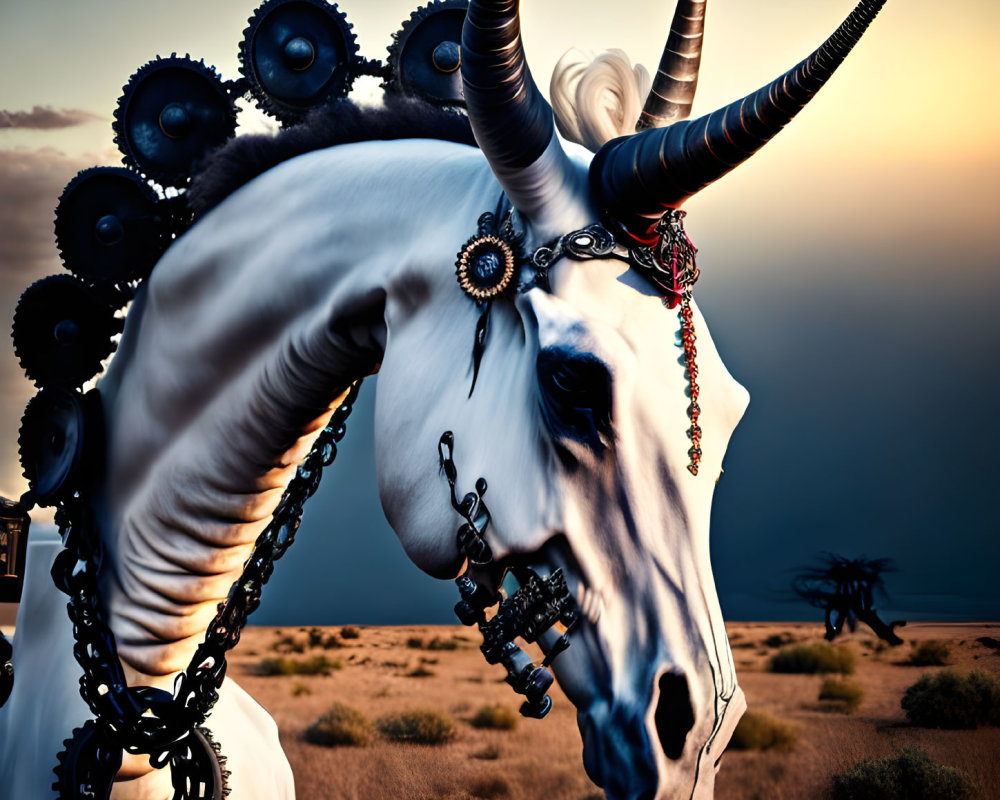 White unicorn with mechanical augmentations and jewelry in desert landscape at dusk