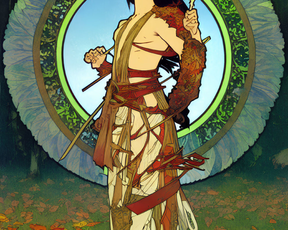 Illustration of warrior with sword in front of moon-like backdrop, surrounded by leaves and feathers