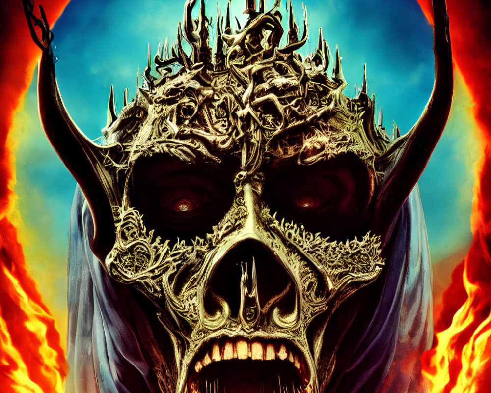 Detailed demonic skull with horns in fiery backdrop