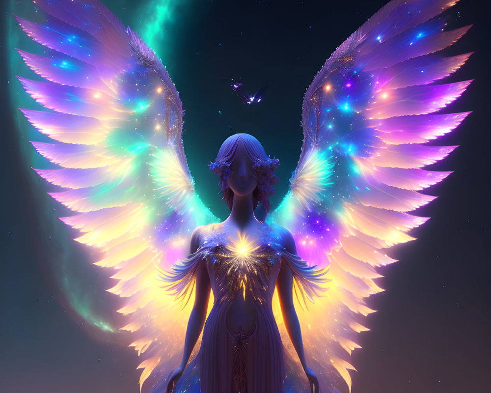 Multicolored Winged Figure Under Starry Sky with Bright Light and Bird