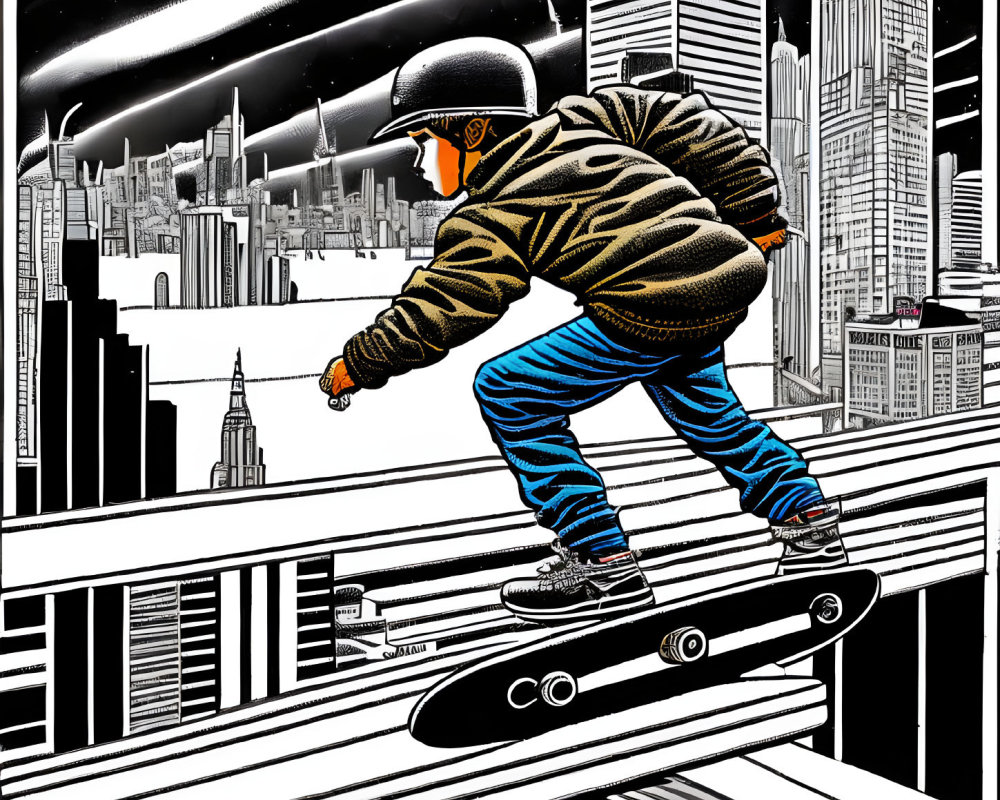 Skateboarder on railing with cityscape and shooting stars