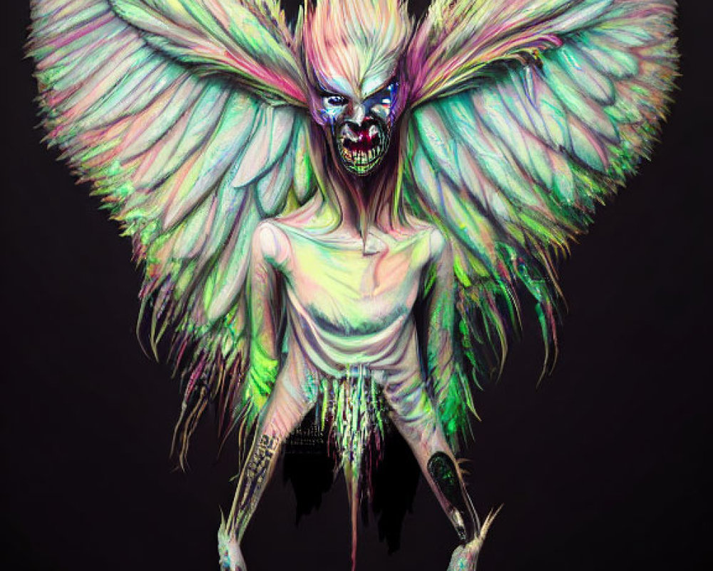 Menacing creature with iridescent wings and skeletal face on dark background