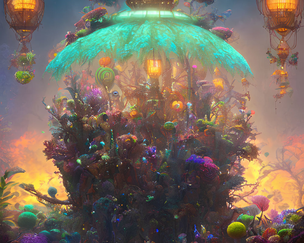 Enchanting tree with lanterns, glowing UFO-like structure, vibrant flora, mystical atmosphere