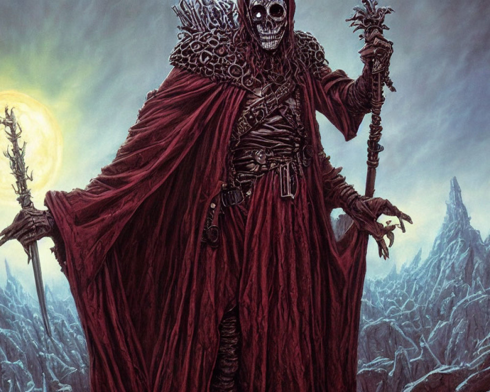 Skeletal figure in red cloak with staff in moonlit landscape