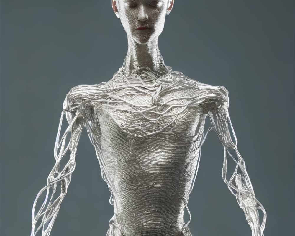 Futuristic humanoid figure with wire mesh skin in digital art