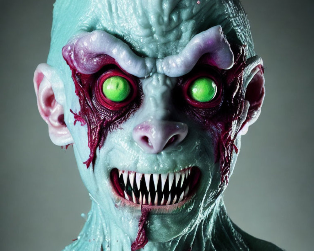 Detailed Close-Up of Horror-Themed Monstrous Mask with Green Skin and Glowing Eyes