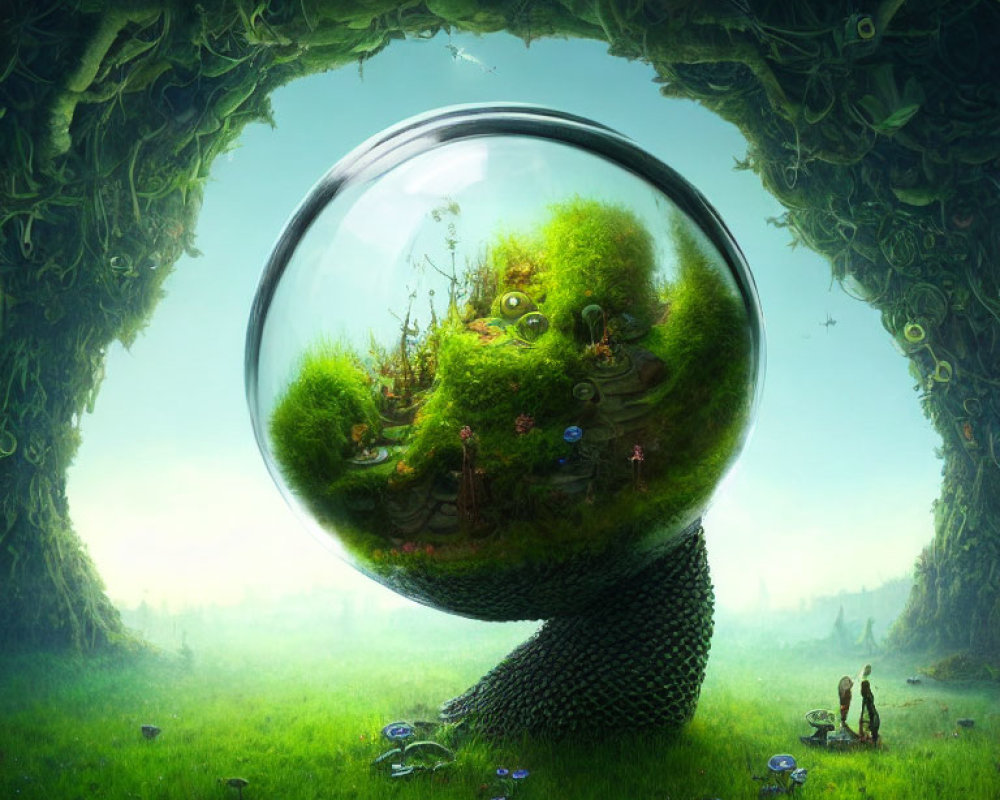 Transparent sphere with lush green landscape and tiny houses in fantastical scene.