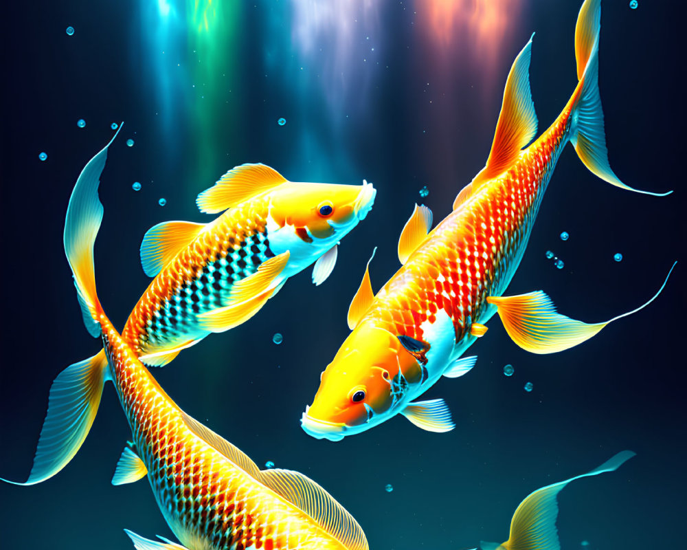 Colorful koi fish in serene blue water with light rays