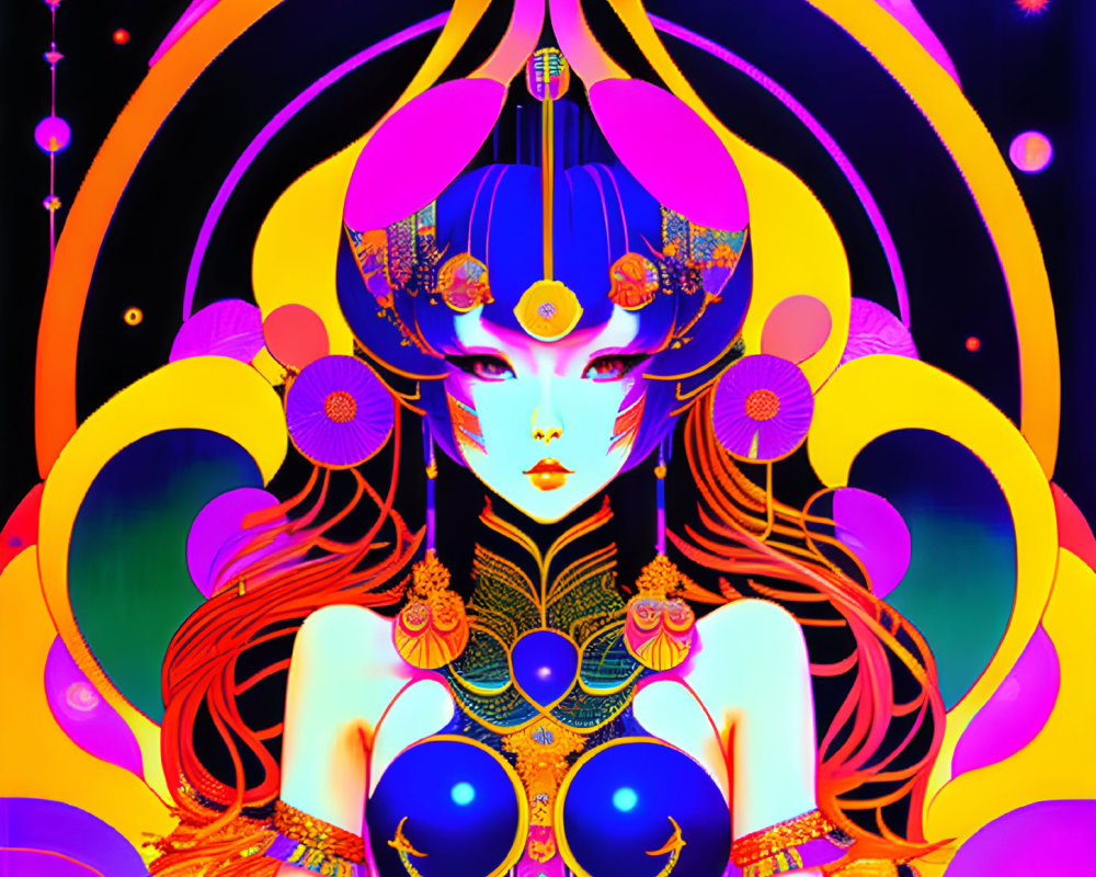 Colorful psychedelic female figure with ornate headdress and neon patterns