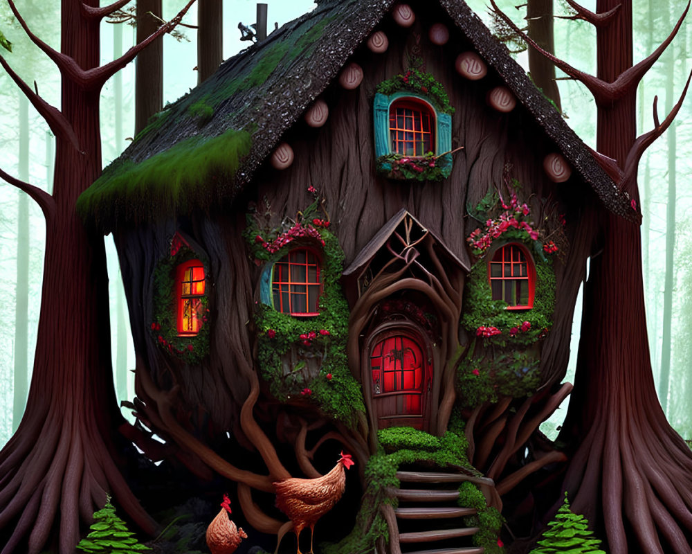 Enchanted forest treehouse with moss-covered roof and glowing windows