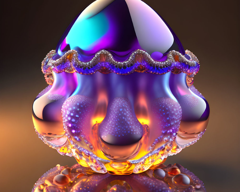 Iridescent jellyfish-like object with pearl-adorned top on amber backdrop