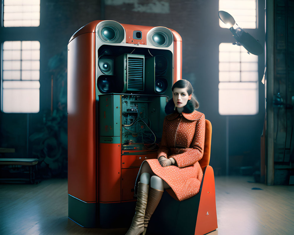 Vintage orange dress woman next to retro-futuristic jukebox in dimly lit room