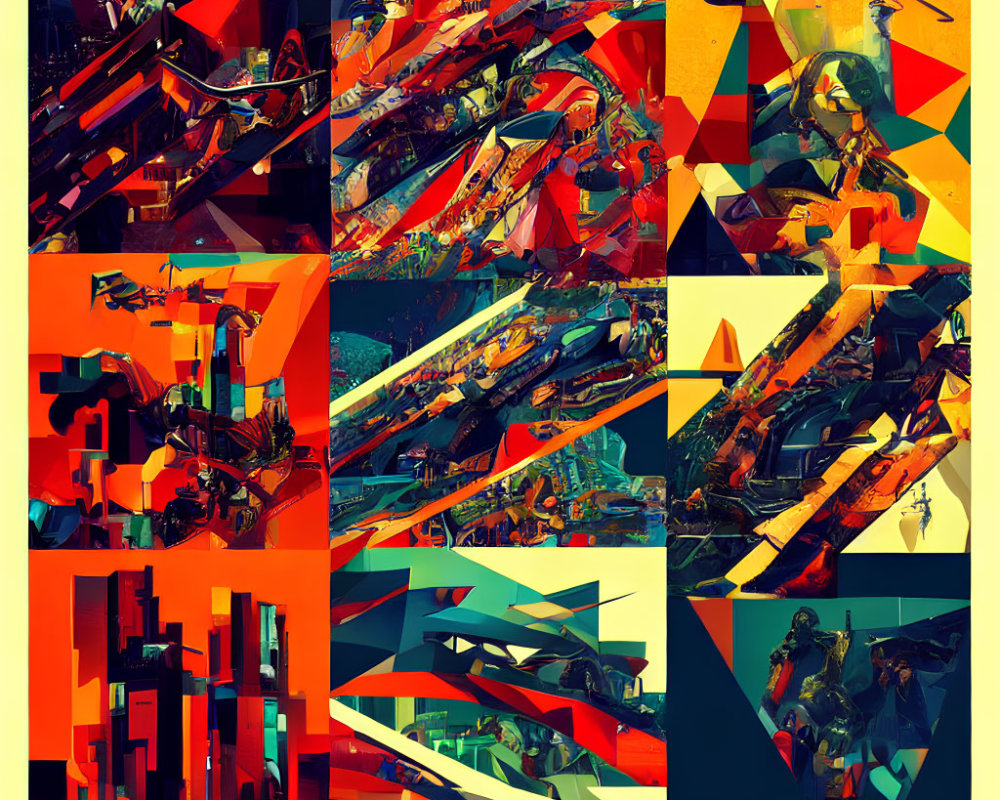 Vibrant Digital Collage: Abstract Geometric Shapes & Futuristic Cityscapes