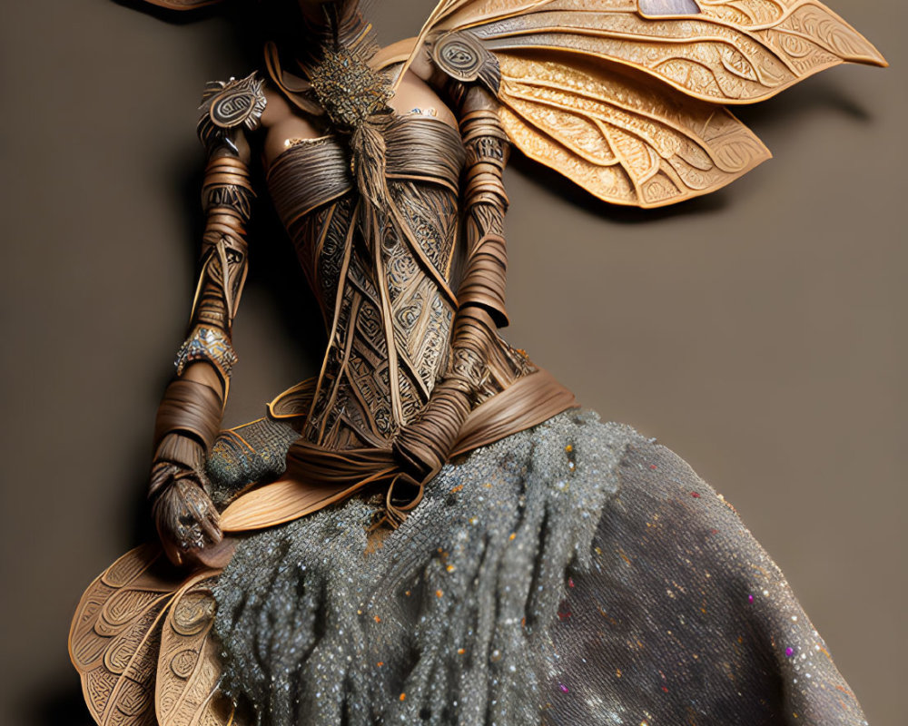 Fantasy artwork: Figure with golden wings, armor, and cosmic fabric