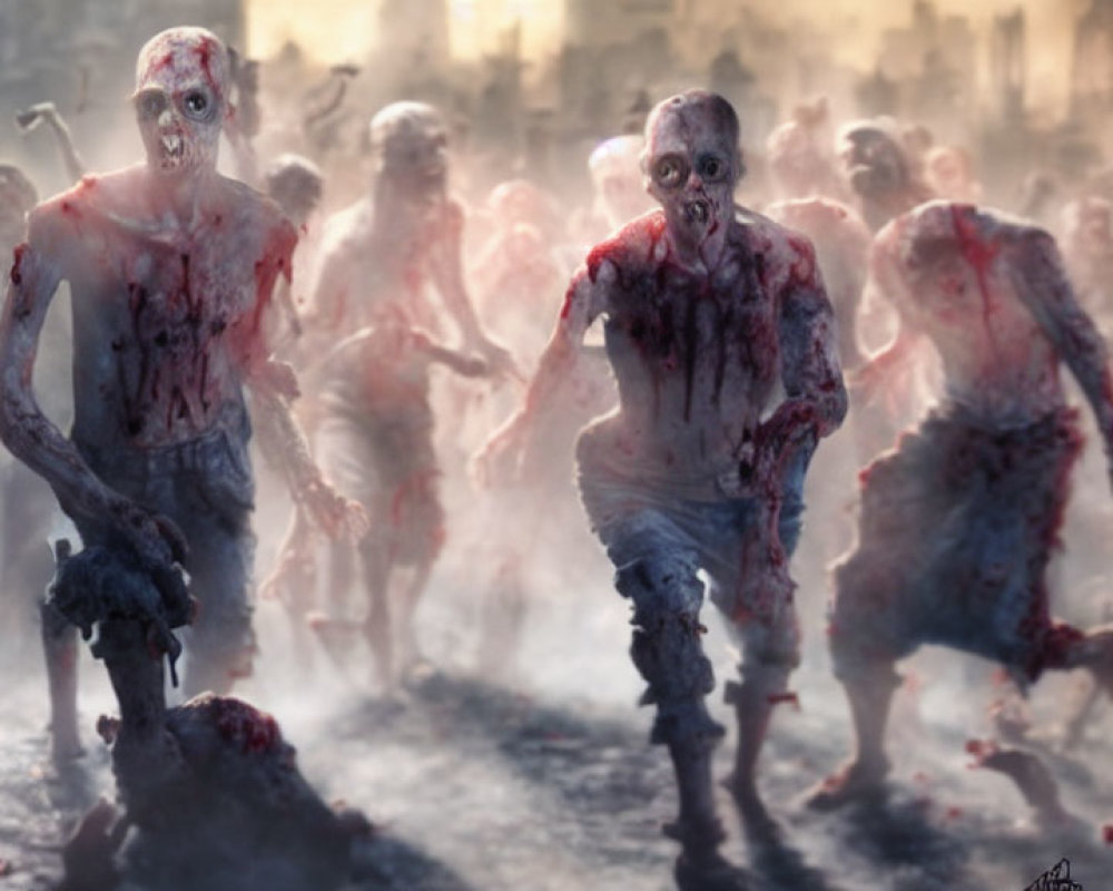 Gruesome zombies in misty environment with blood and gore