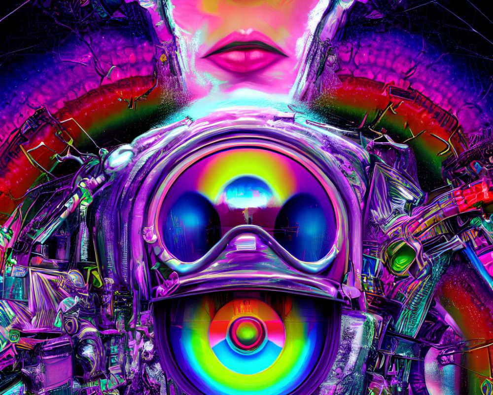 Colorful digital artwork featuring central figure in gas mask surrounded by vibrant mechanical and abstract elements