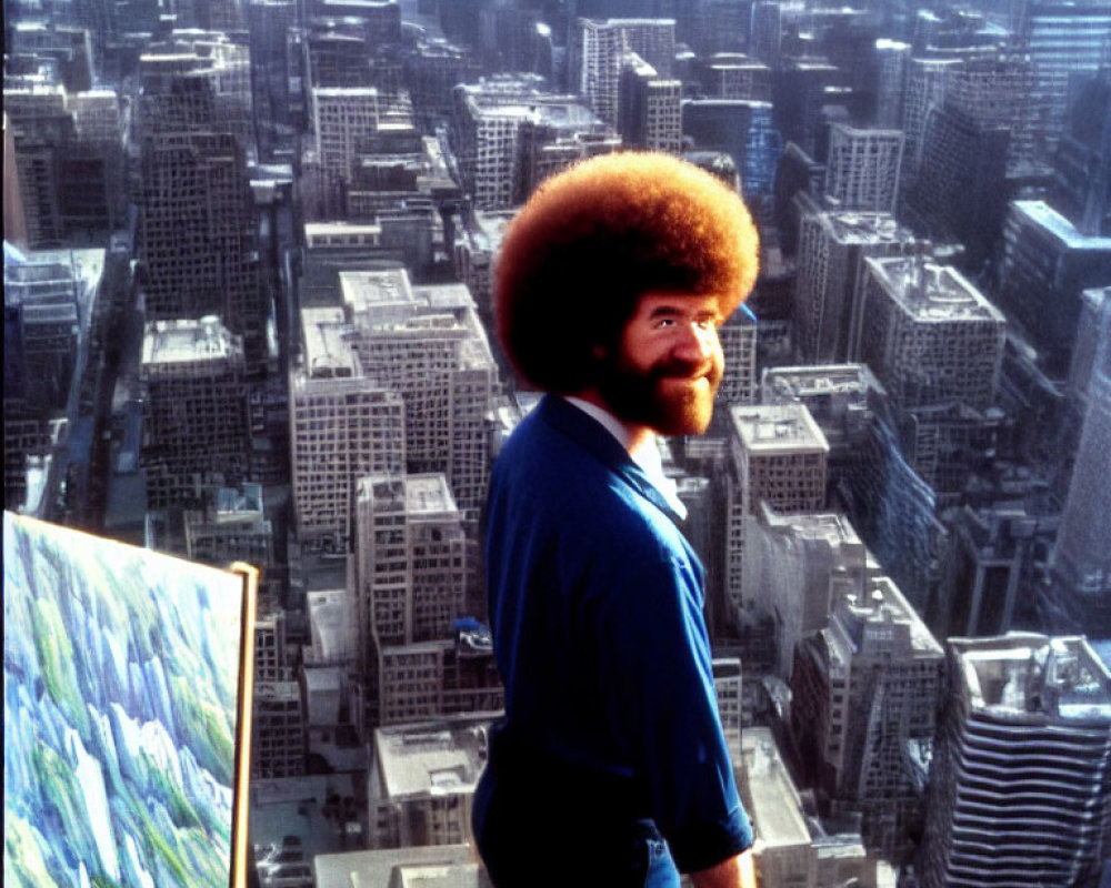 Bearded man with afro painting on skyscraper ledge