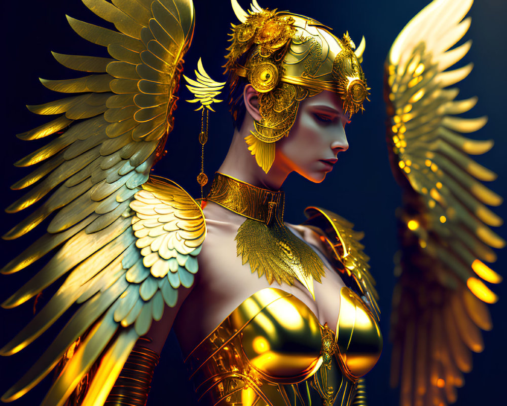 Golden-winged figure in ornate armor with majestic headgear and feathered appendages exudes reg