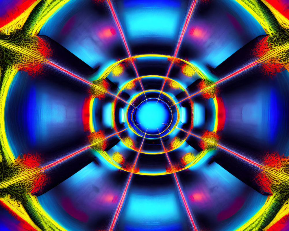 Symmetrical Blue, Red, and Yellow Fractal Art Display