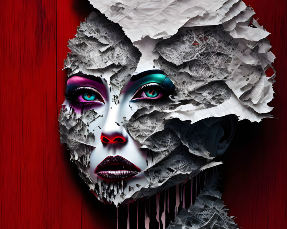 Surreal artwork: Woman's face with white textured layers on red background