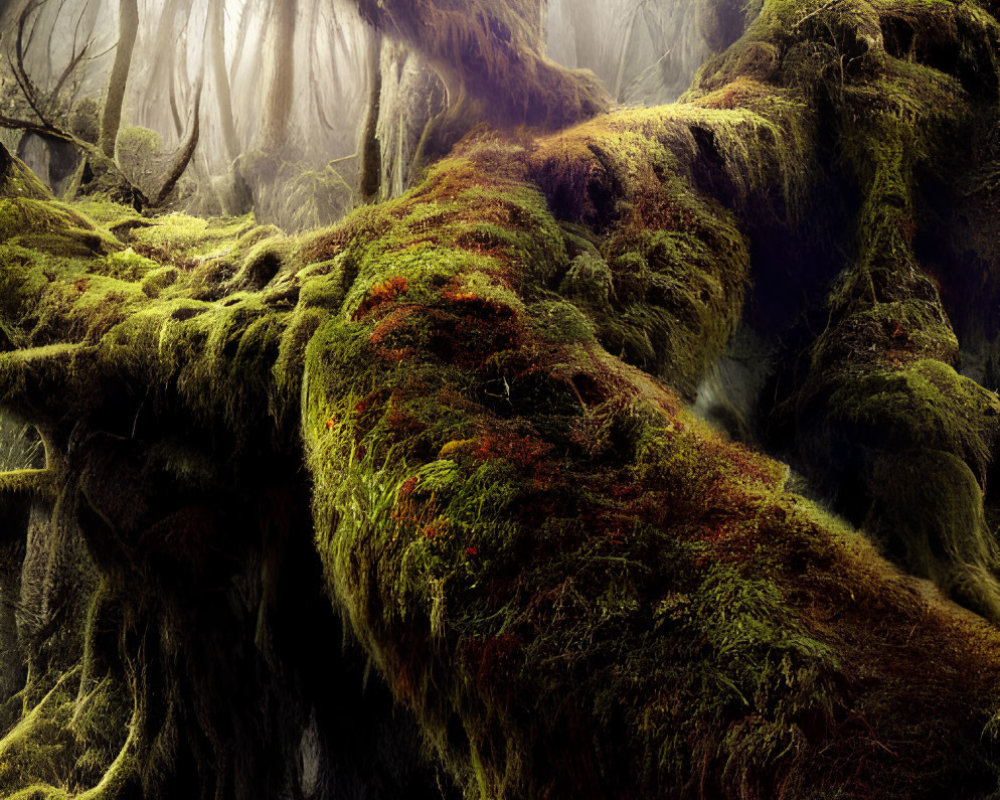 Mystic foggy forest with twisted moss-covered trees