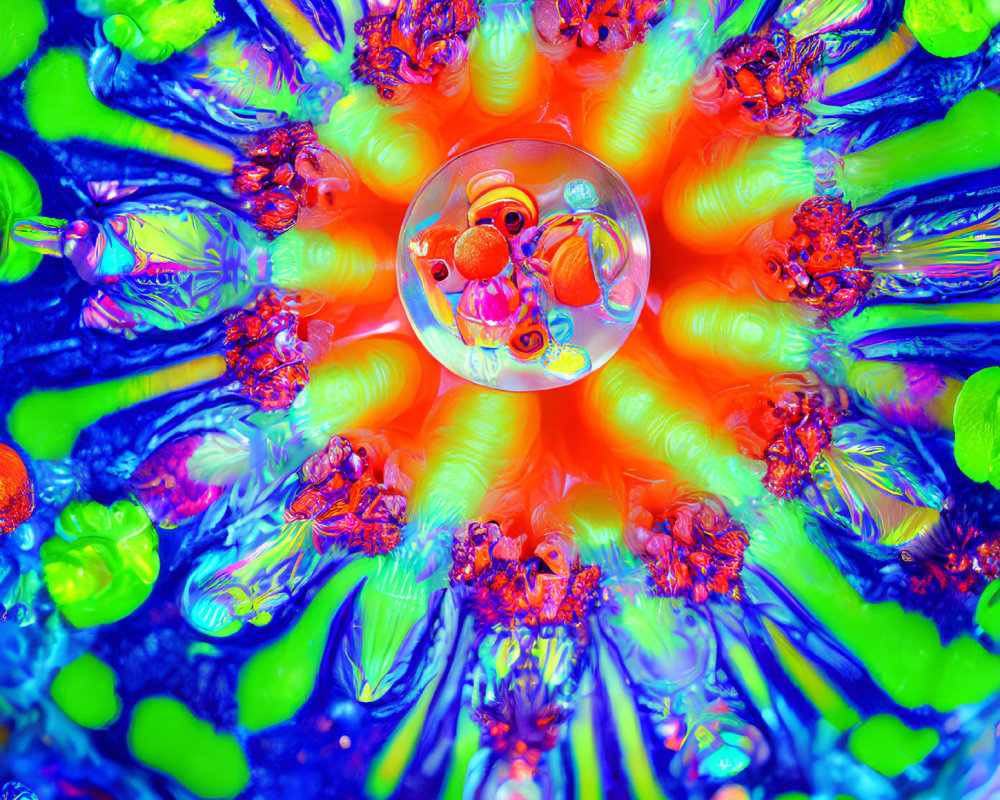 Colorful Psychedelic Close-Up of Central Bubble and Intricate Patterns