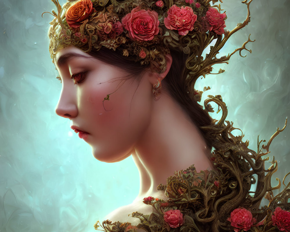 Digital art portrait features woman with rose crown & nature details