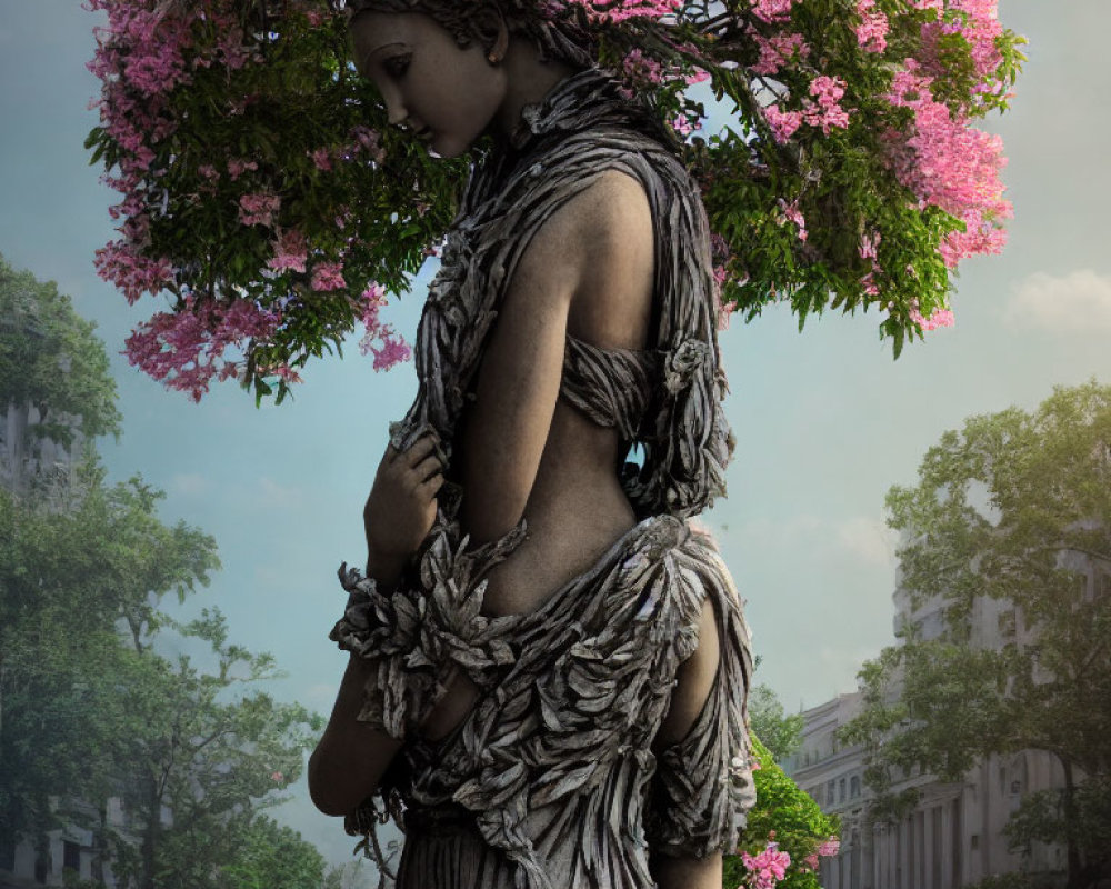 Digital artwork features woman with tree-like elements in leafy dress and blooming tree headdress against urban