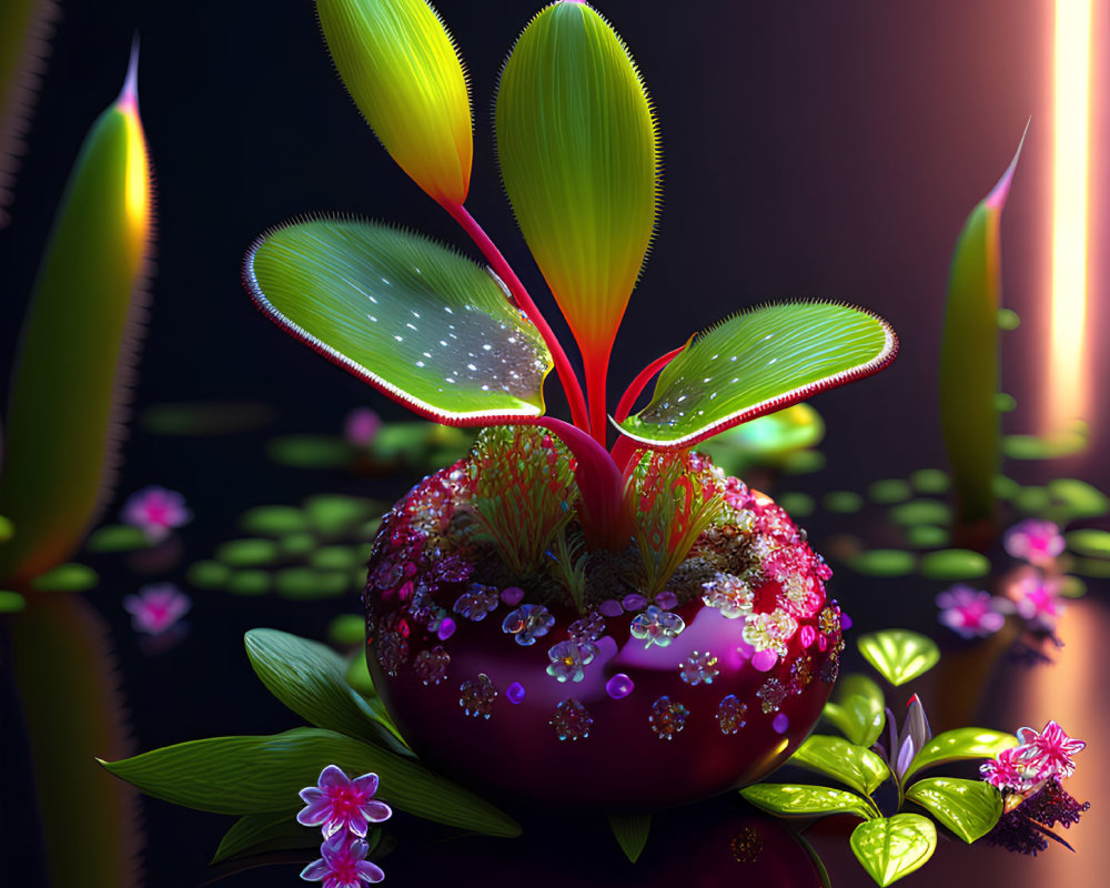 Colorful digital artwork of glowing plant with green leaves and red accents