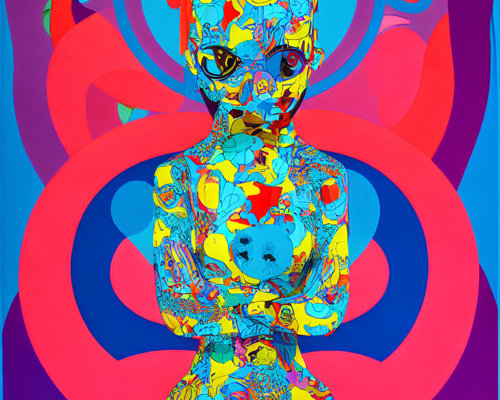 Colorful Abstract Portrait with Patterned Figure on Pink and Blue Backgrounds