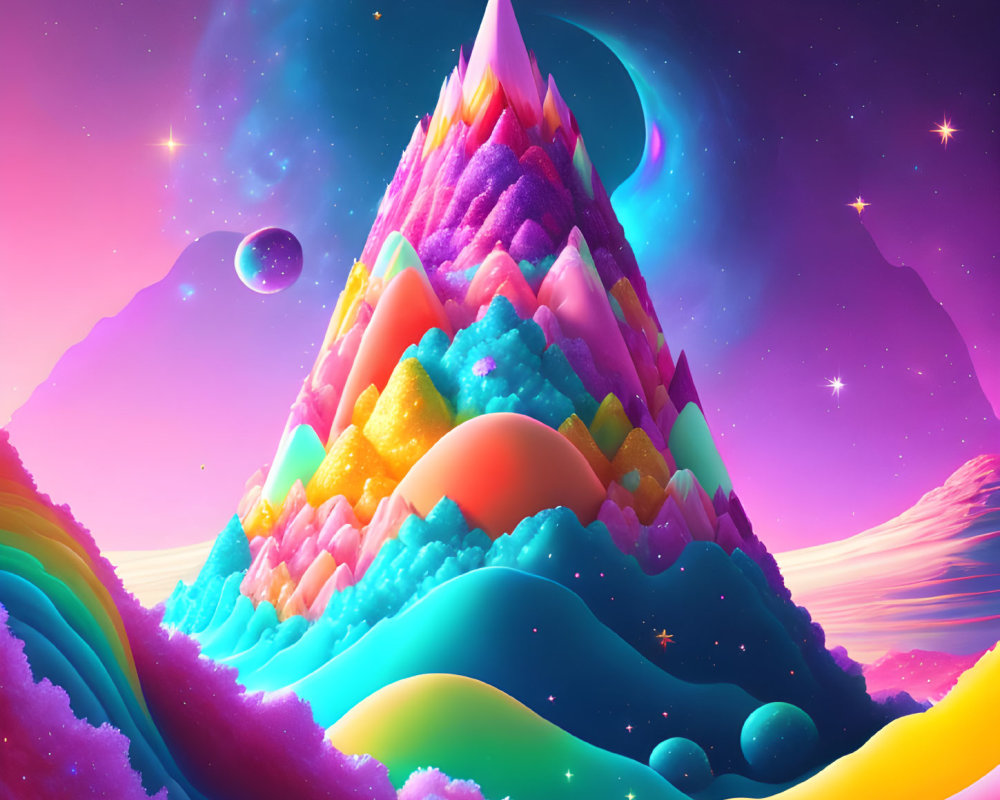 Colorful surreal mountain landscape with starry sky and unique textures.