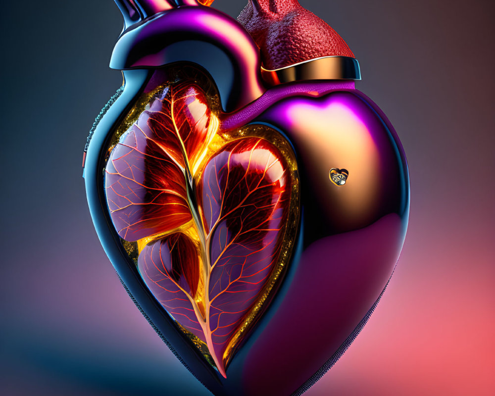 Stylized metallic human heart with golden vascular system on gradient background