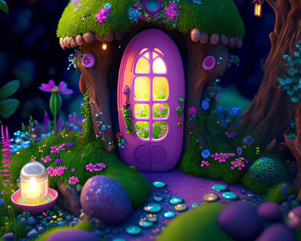 Whimsical fairy-tale house in mystical forest at twilight