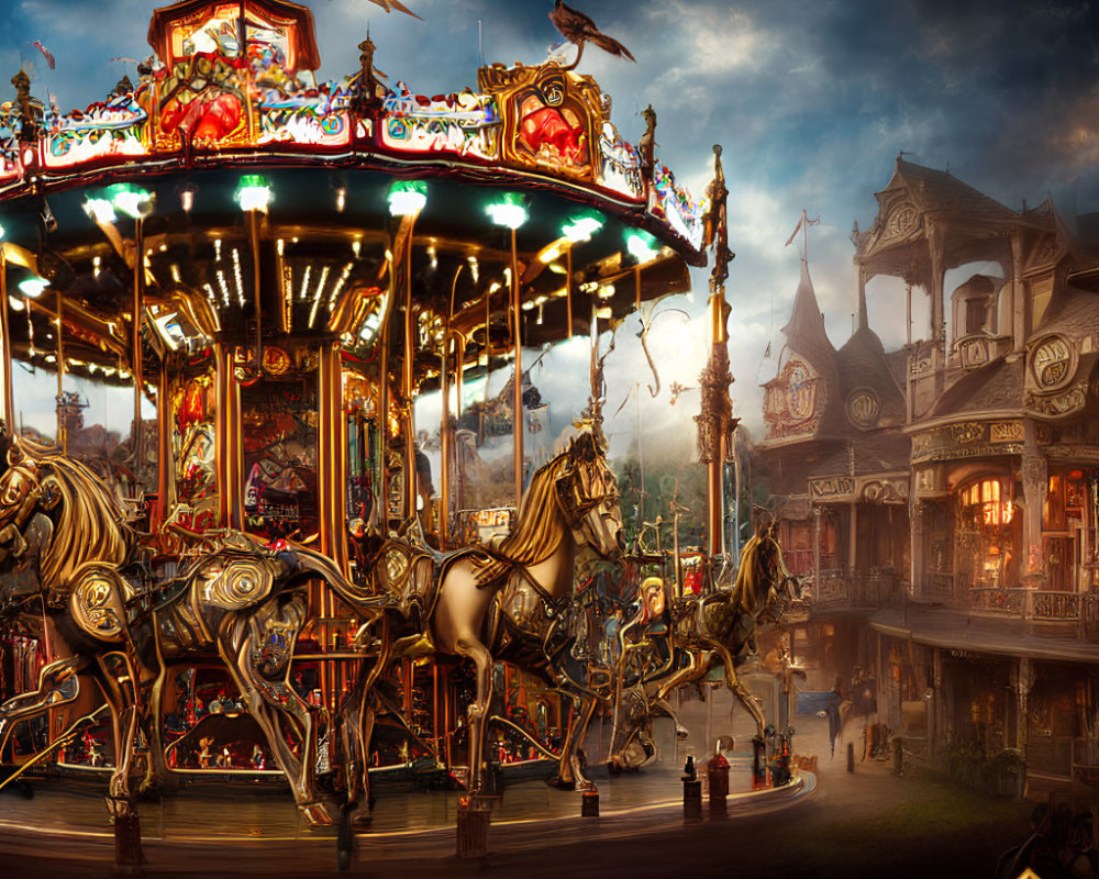 Intricate Golden Horse Carousel in Twilight Fairground