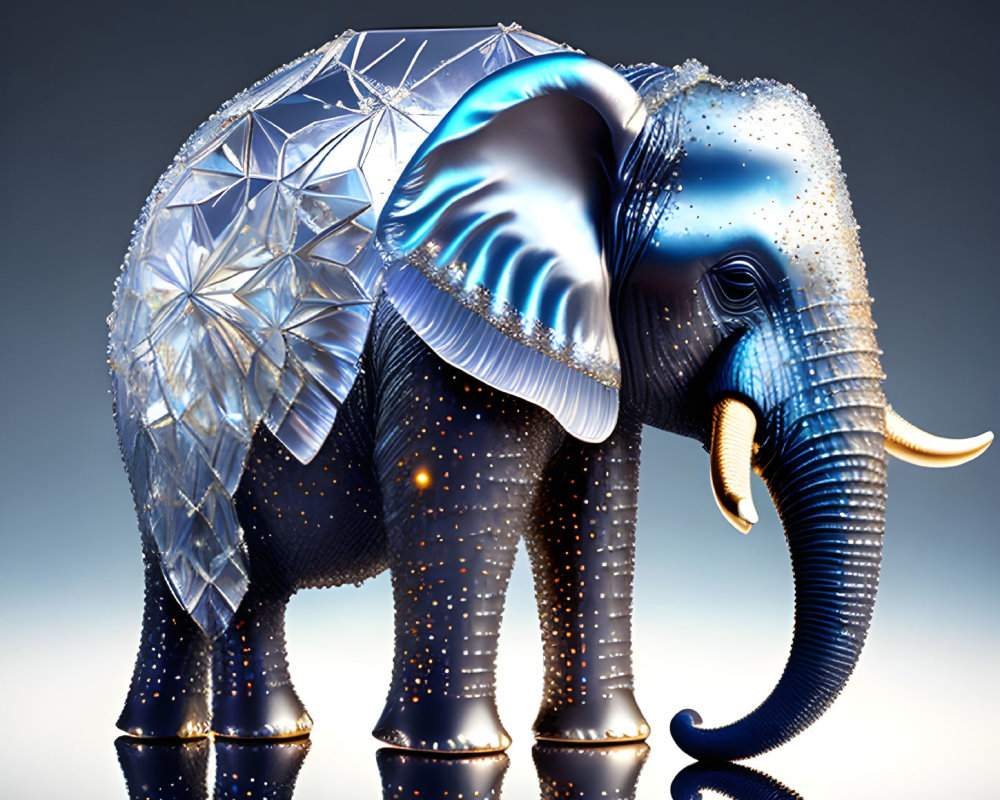 Crystal-textured elephant with starry night design on reflective surface